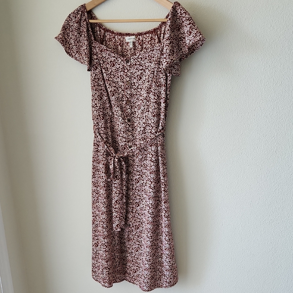 Monteau Ditsy Floral Midi Dress Brown Dark Red Sz M Feminine Coquette Cottage